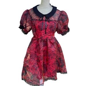 Hot Topic Alice In Wonderland Red Gothic Collar Poofy Chiffon Babydoll Dress NWT
